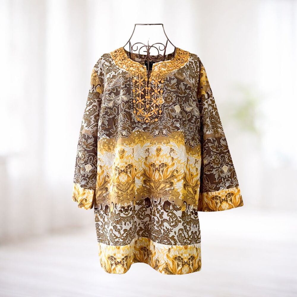 Yellow Boho Beaded Tunic Top 3/4 Sleeve 16/XL Safari 100% Cotton Lagenlook